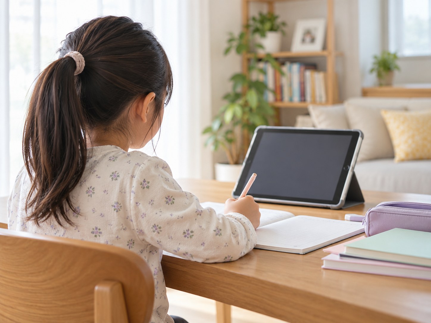 タブレットを使って家庭で学ぶ小中学生