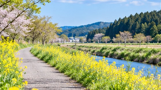 色麻町の田園と春の道