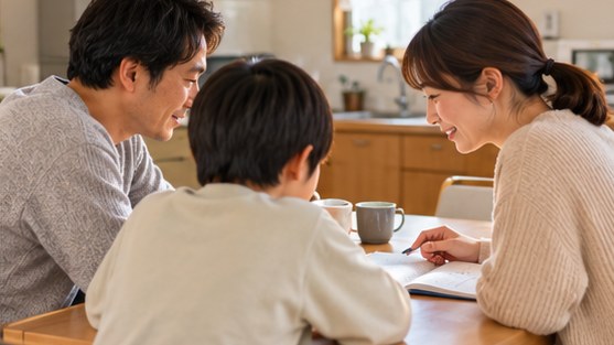 オルタナティブスクールや出席扱いについて家族で話し合う様子