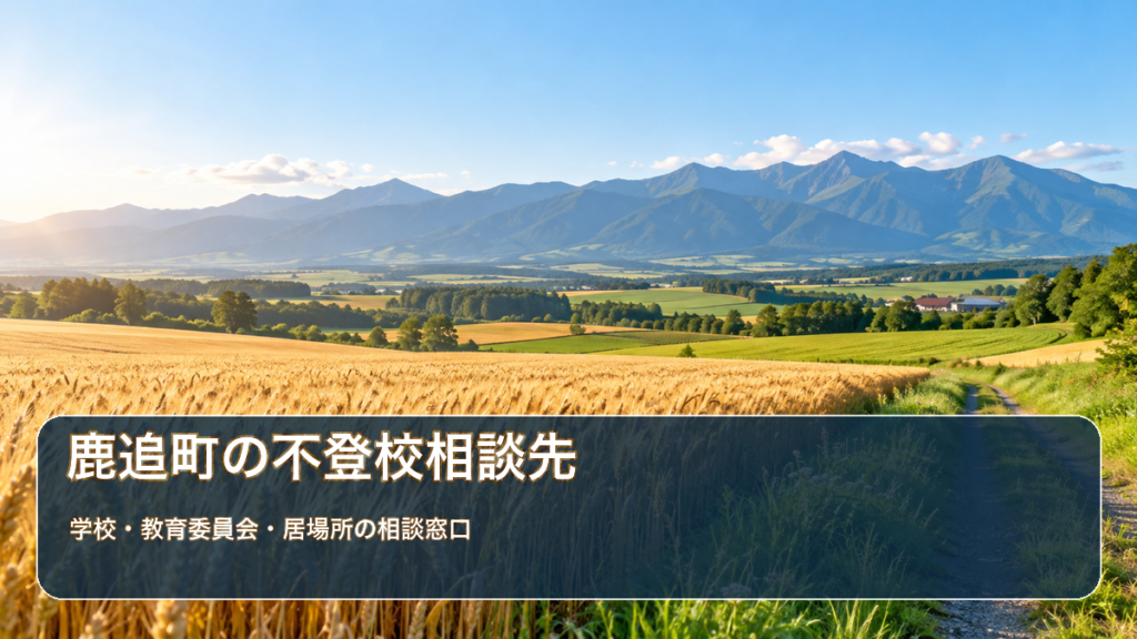 鹿追町の不登校相談先ガイド。明るい北海道の風景写真に学校・教育委員会・居場所の相談先の文字を重ねた画像