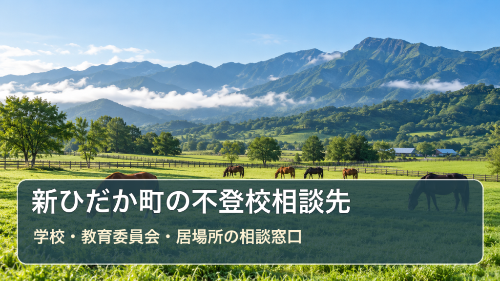 新ひだか町の不登校相談先ガイド。生成した明るい風景写真に学校・教育委員会・居場所の相談先の文字を重ねた画像