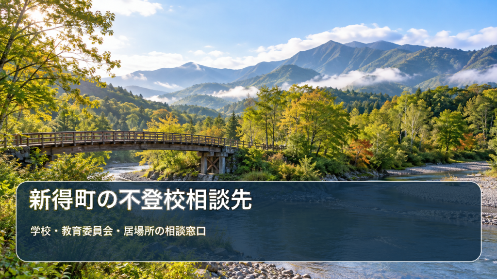 新得町の不登校相談先ガイド。橋と清流の北海道風景写真に学校・教育委員会・居場所の相談先の文字を重ねた画像