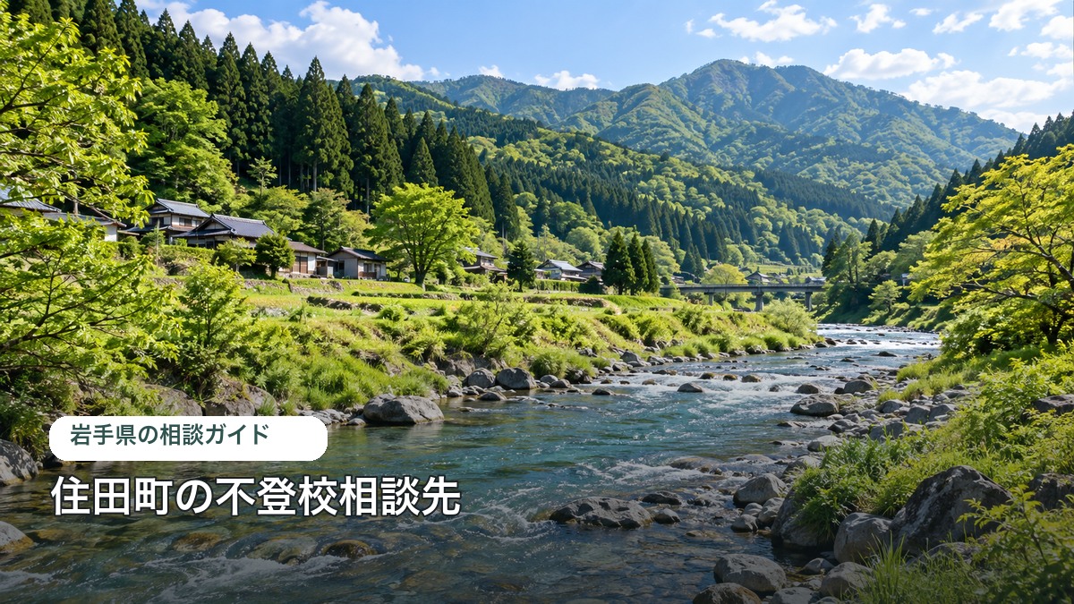 住田町の不登校相談ガイドのアイキャッチ。町の特徴を表す明るい風景写真に自治体名を重ねた画像