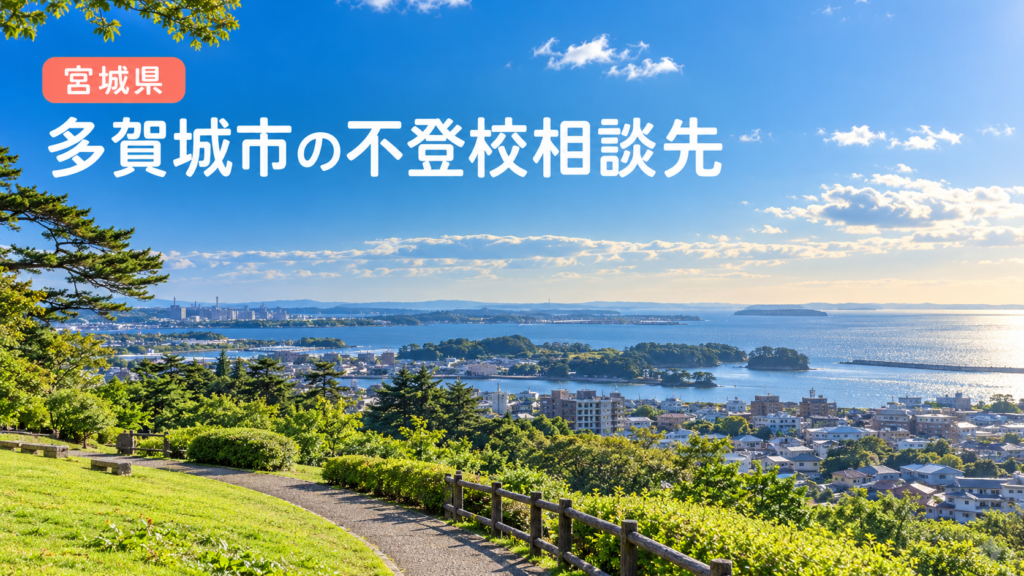 多賀城市の不登校相談先を案内する明るい海辺の風景と宮城県の表示