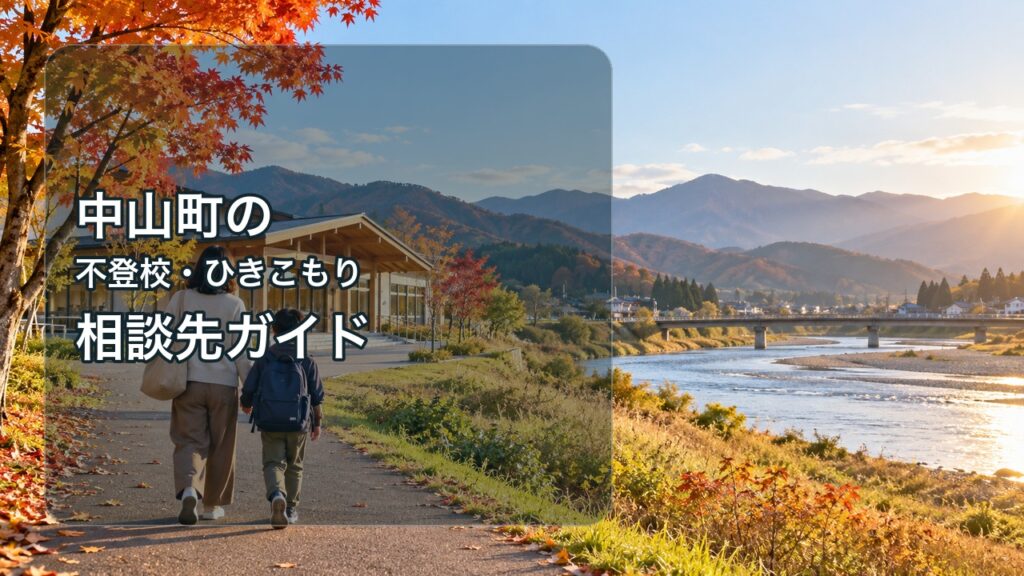中山町の秋の川辺を親子が歩く、不登校・ひきこもり相談先ガイドの文字入りサムネイル