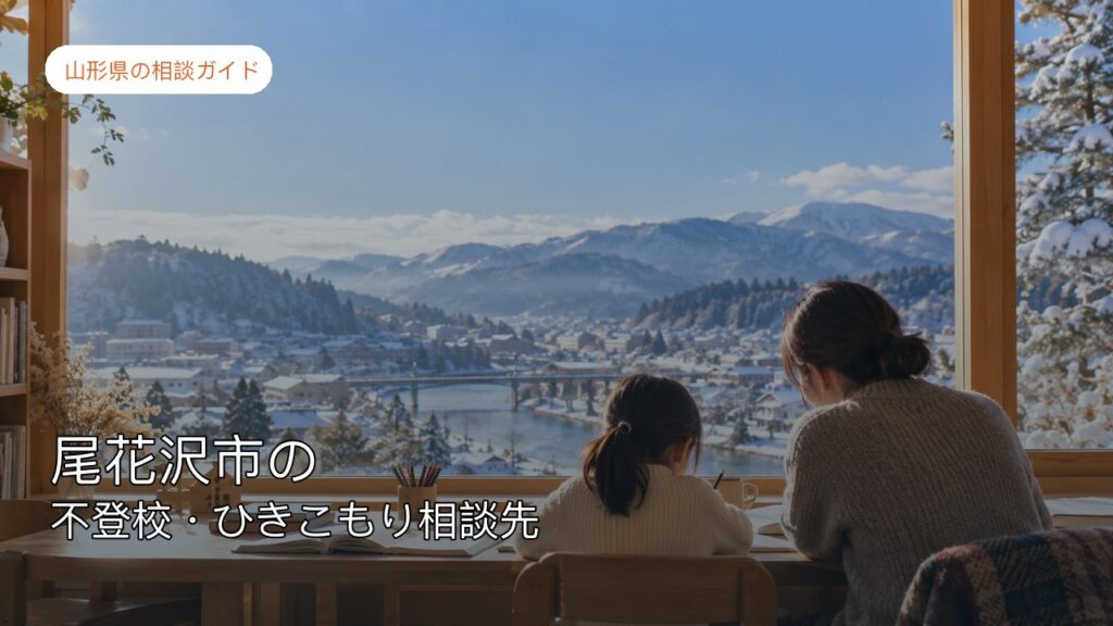 雪の尾花沢市で家族と子どもが相談先を考える様子を描いた記事サムネイル