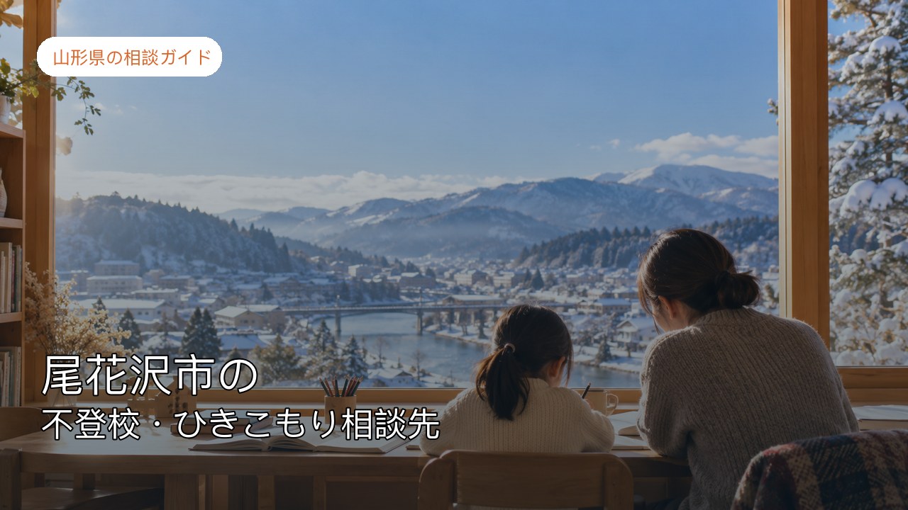 雪の尾花沢市で家族と子どもが相談先を考える様子を描いた記事サムネイル