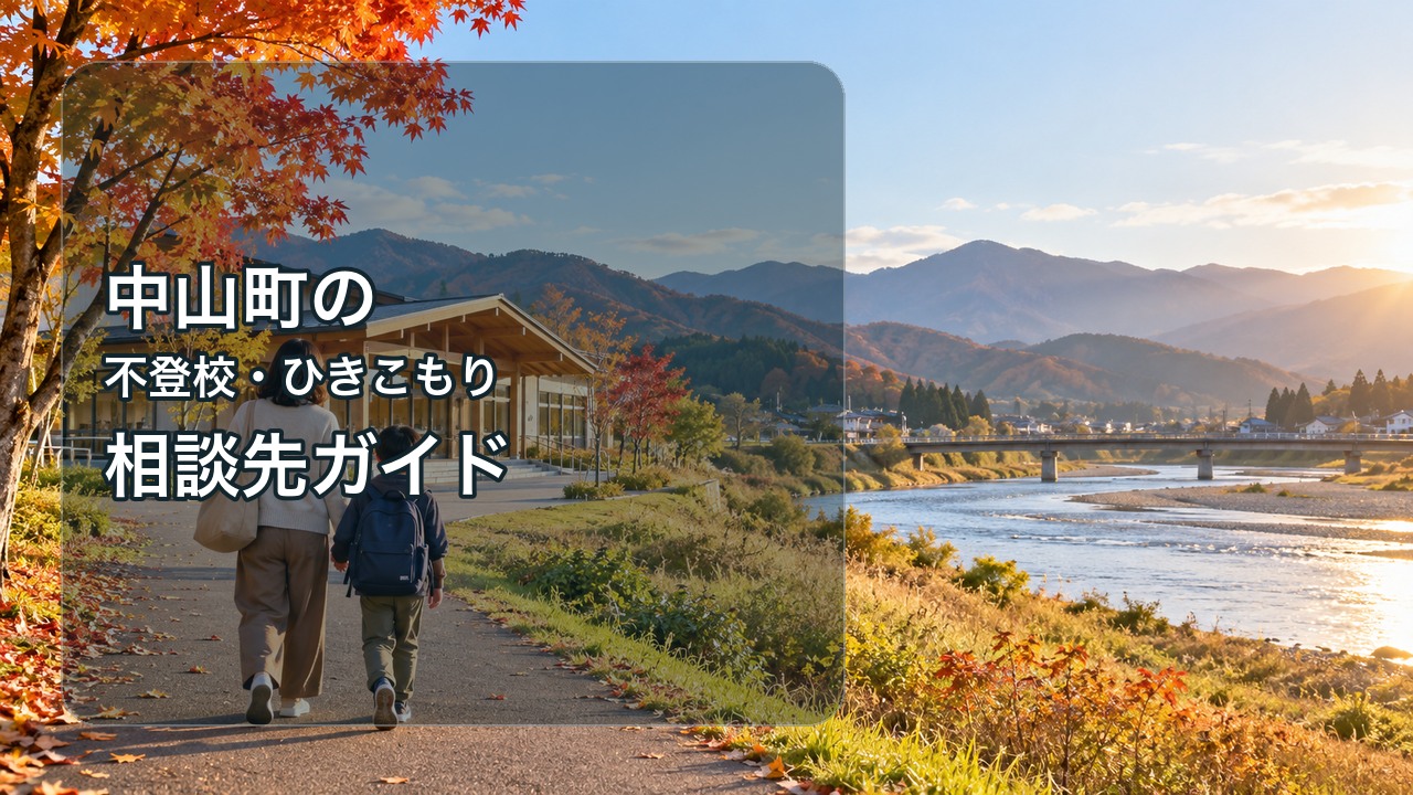 中山町の秋の川辺を親子が歩く、不登校・ひきこもり相談先ガイドの文字入りサムネイル