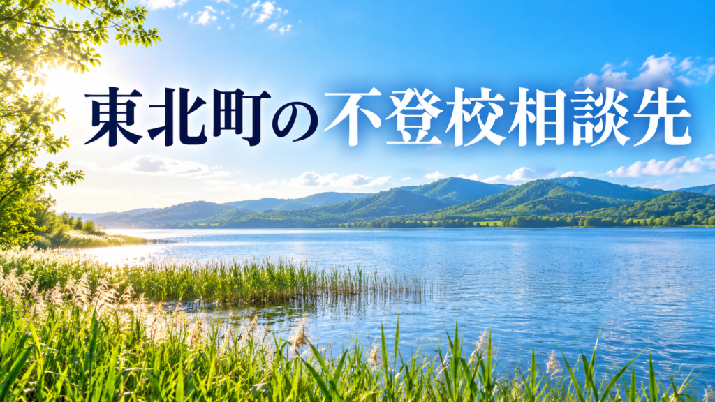 青森県東北町の小川原湖畔を描いた明るいオリジナル風景と「東北町の不登校相談先」の文字入りサムネイル
