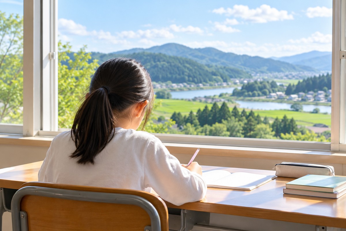 窓辺で学ぶ子どもの後ろ姿