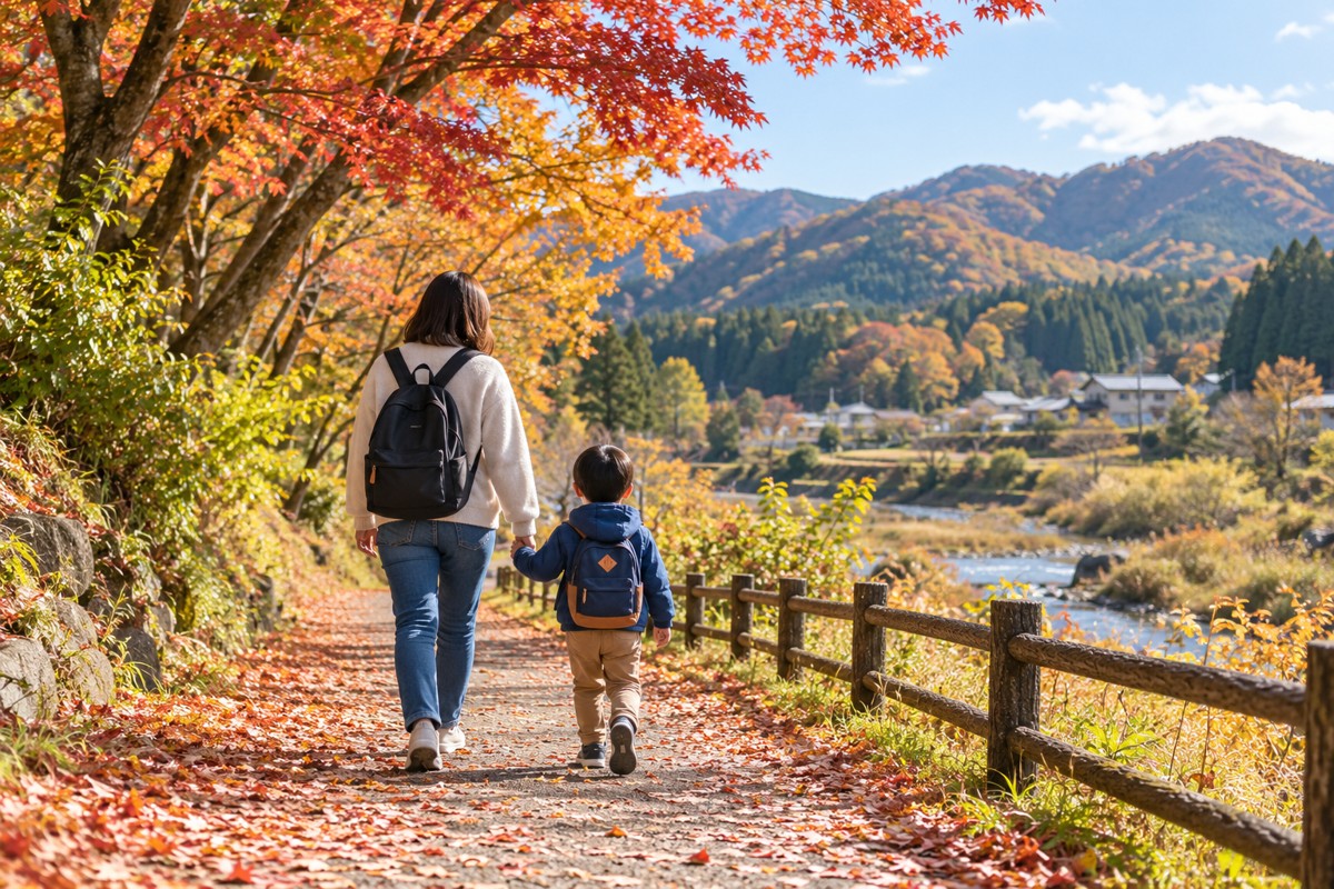 親子が木立の道を歩く後ろ姿
