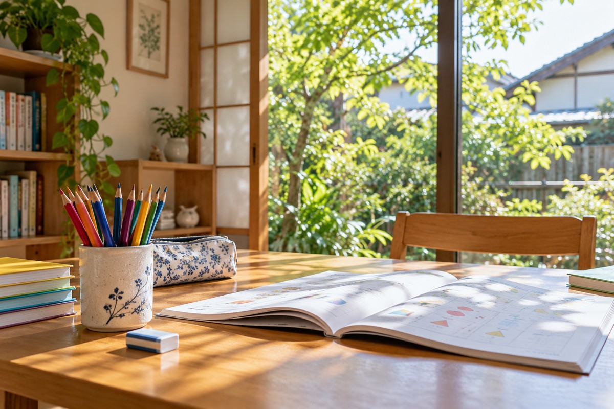本と色鉛筆のある学習机