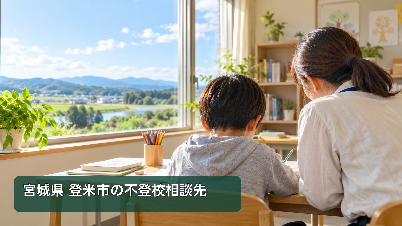 宮城県登米市の不登校相談先。窓辺の学習机と自然の景色