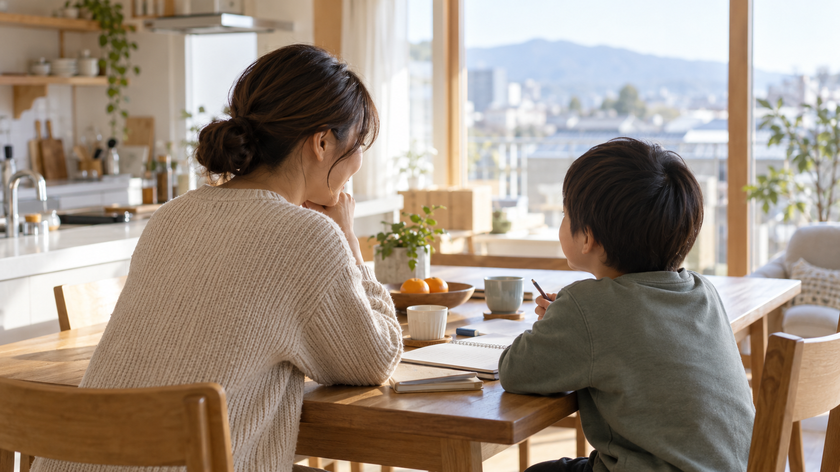 家庭で子どもの気持ちを聞く保護者と子ども
