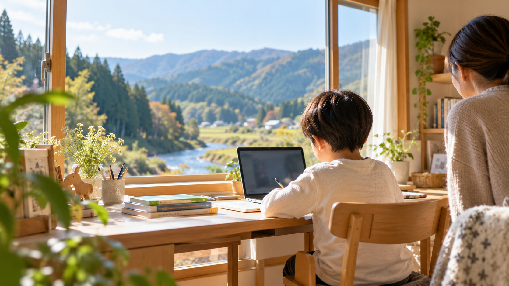 戸沢村向けに作成した、自宅の明るい学習スペースで過ごす子どものCTA背景写真