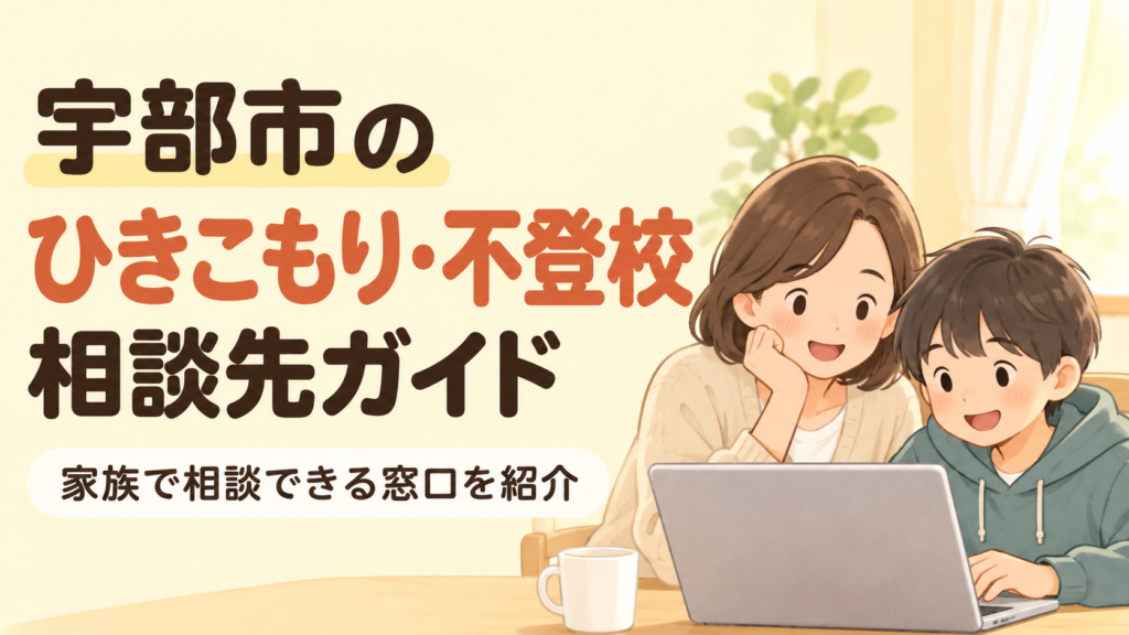 ubeのひきこもり・不登校相談先ガイド。親子が自宅で相談しているイラスト