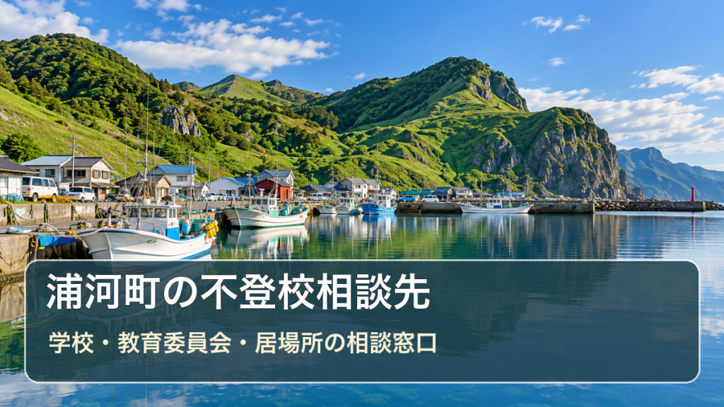 浦河町の不登校相談先ガイド。風景写真に学校・教育委員会・居場所の相談先の文字を重ねた画像