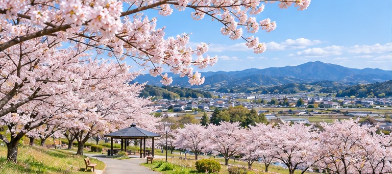 桜の季節の涌谷町と町並み