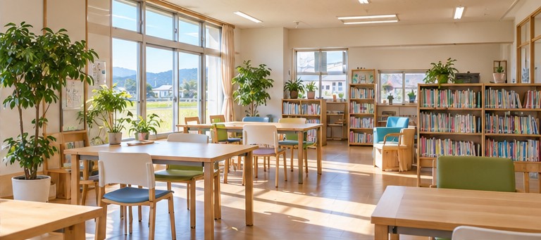 明るい学習室の一角に本棚と机が並ぶ