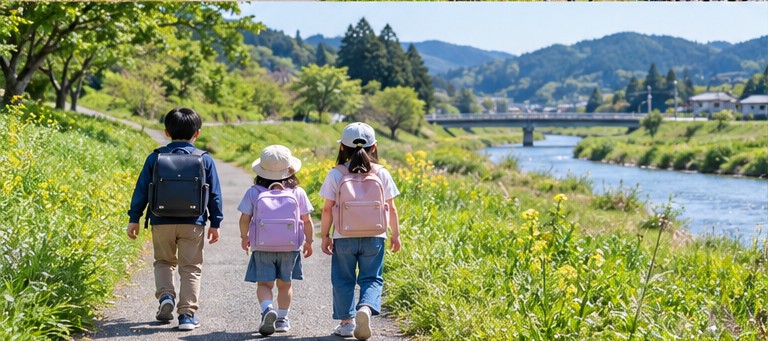 川辺の道を歩く子どもたちの後ろ姿