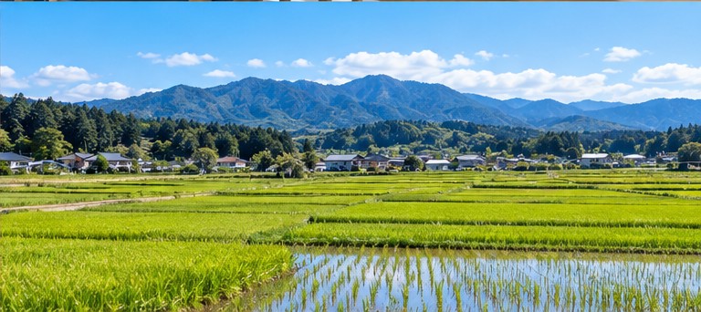 青空の下に広がる涌谷町の田園風景