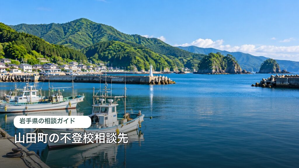 山田町の不登校相談ガイドのアイキャッチ。町の特徴を表す明るい風景写真に自治体名を重ねた画像