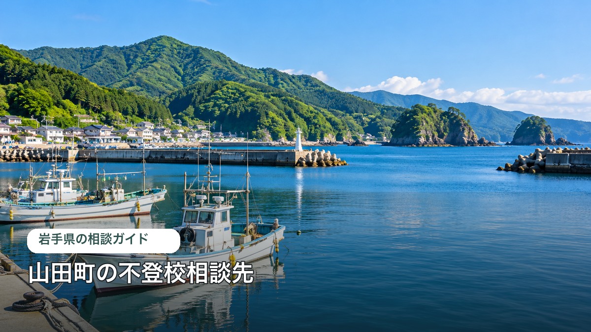 山田町の不登校相談ガイドのアイキャッチ。町の特徴を表す明るい風景写真に自治体名を重ねた画像