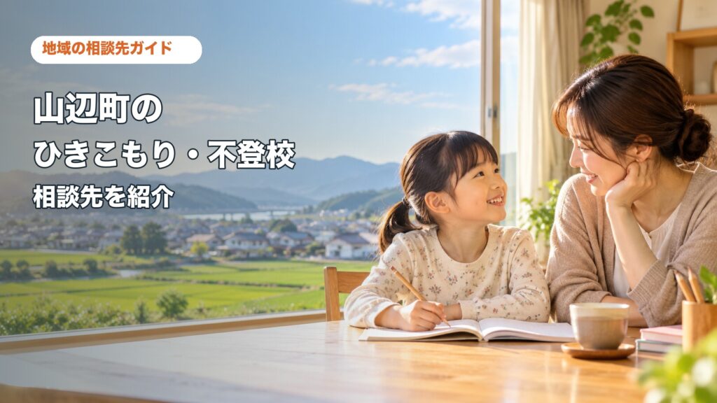 山辺町のひきこもり・不登校相談先を紹介する記事サムネイル。親子が自宅で相談しながら学ぶ様子。
