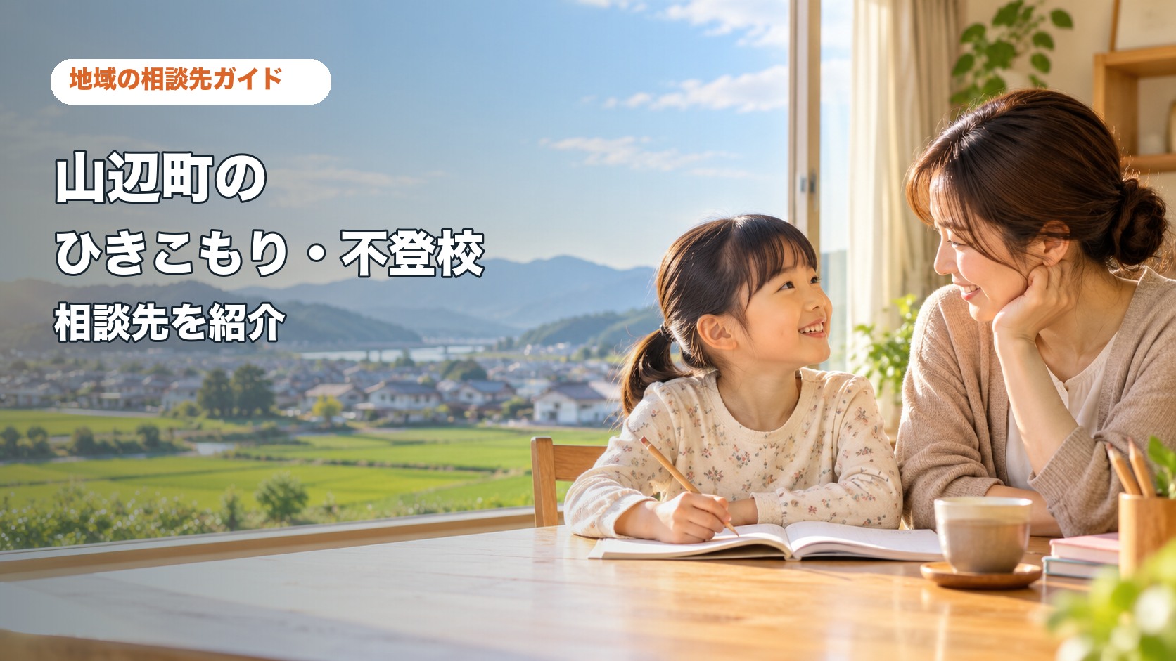 山辺町のひきこもり・不登校相談先を紹介する記事サムネイル。親子が自宅で相談しながら学ぶ様子。