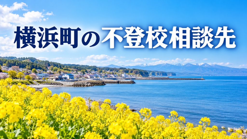 青森県横浜町のむつ湾沿岸と菜の花を描いた明るいオリジナル風景と「横浜町の不登校相談先」の文字入りサムネイル