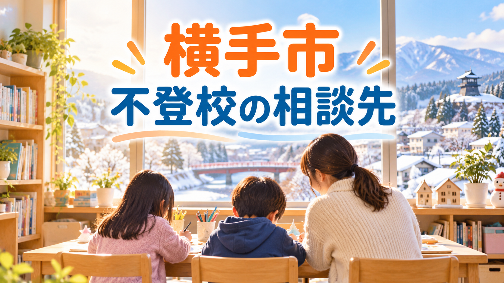 横手市の不登校相談先を案内する明るいイラスト