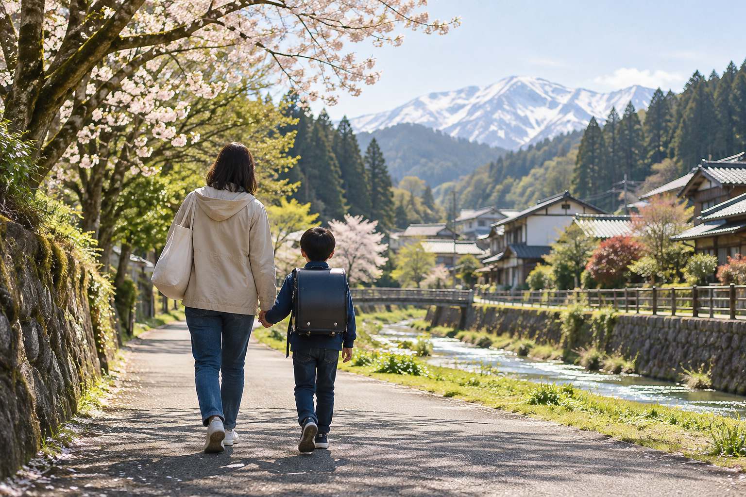 親子が川沿いの道を歩く様子のイメージ