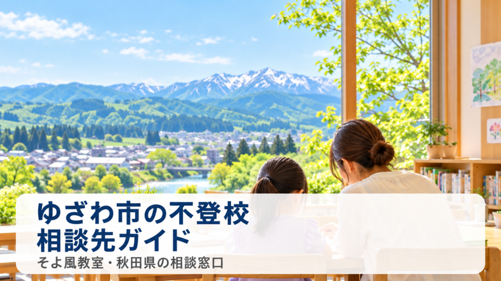 ゆざわ市の不登校相談先ガイド。そよ風教室と秋田県の相談窓口を紹介する、明るい教室と山並みの写真