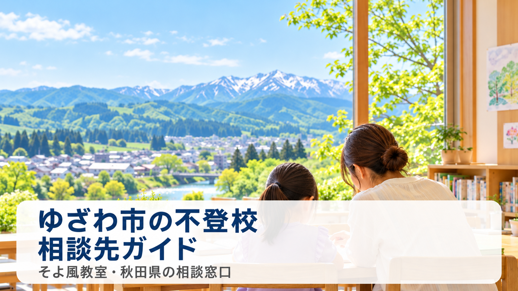 ゆざわ市の不登校相談先ガイド。そよ風教室と秋田県の相談窓口を紹介する、明るい教室と山並みの写真