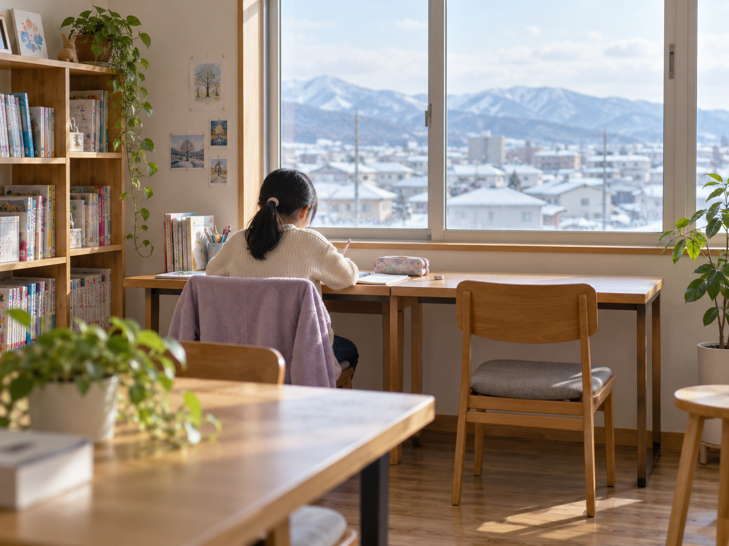 明るい窓辺の机で自分のペースで学ぶ子どもの後ろ姿