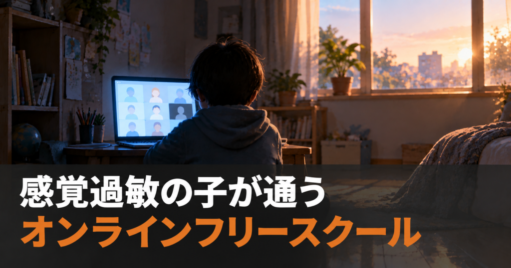 朝の光が差す部屋でオンライン授業の画面に向かう子どもの後ろ姿｜感覚過敏の子が通うオンラインフリースクール